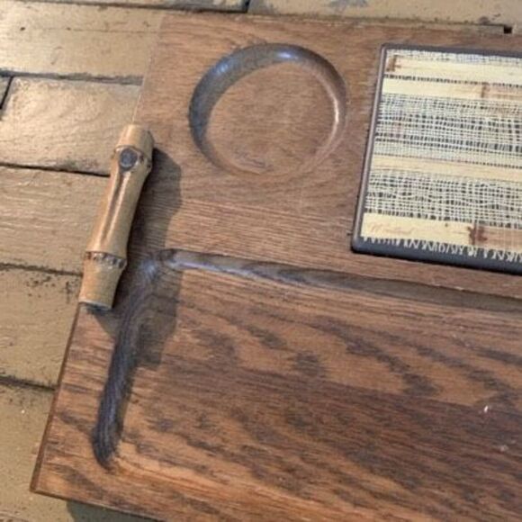 Vintage 1970’s Divided Wood Serving Tray With Hot Plate & Bamboo Handles - Picture 4 of 5